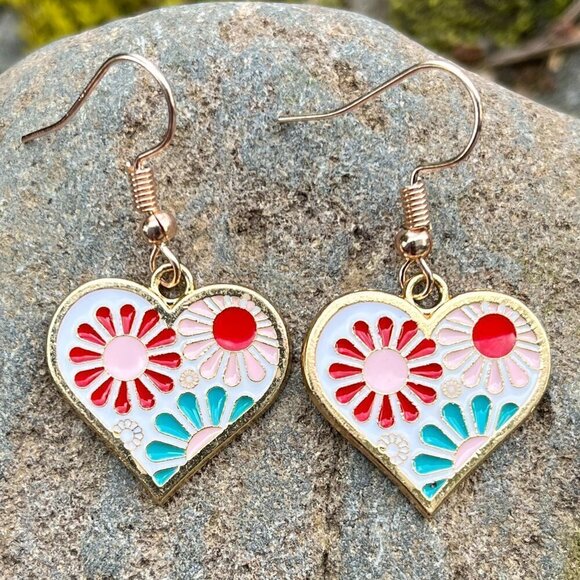 Artisan Jewelry - Floral Heart Enamel Drop Earrings | Handmade